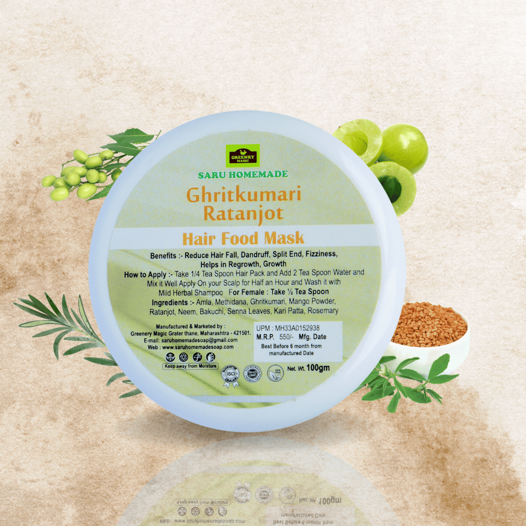 Ghritkumari Ratanjot Hair food mask.-100gm| Helps in Regrowth| Faster result in anytype of dandruff ( Wet or Dry ) | Split End| Fizziness| With Ratanjot, Neem, Bakuchi, Senna Leaves, Amla, Mango Powder