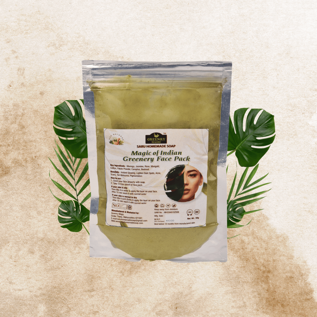 Magic Of Indian Greenery Face pack-50g |Remove Tan |Instant glowing| Dark spot corrector| Remove Acne scars| with Moringa ,Jasmine,Rose, Marigold, Coffee Powder, Camphor   