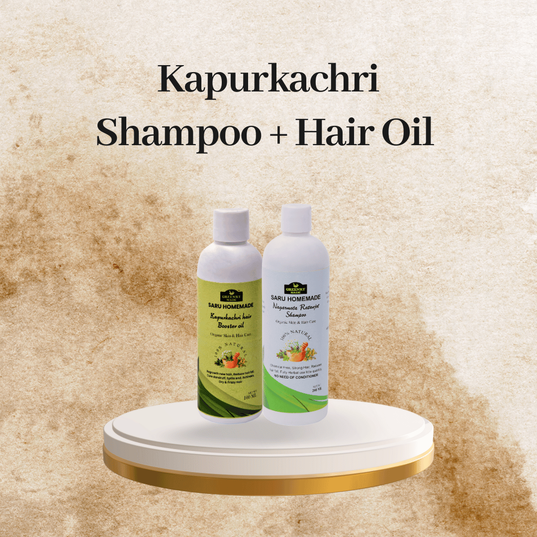 Kapurkachri Shampoo + Hair Oil :  Kapurkachri hair booster oil-100ml | Nagarmota Ratanjot shampoo-200ml.